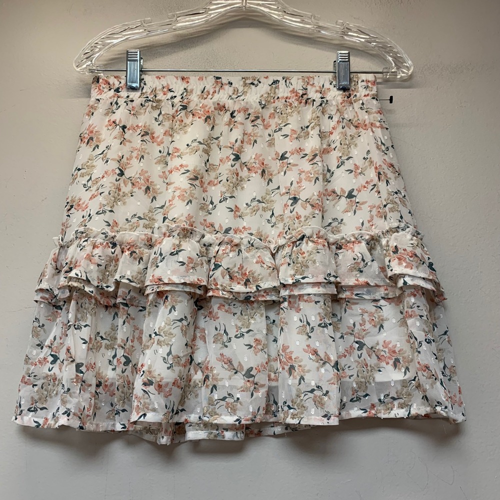 Storia Ruffle Mini Skirt Womens L Cream Floral Excellent Tiered Clip Dot JS2635E